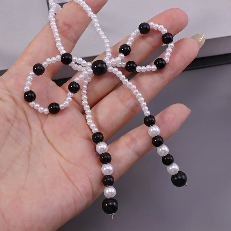 Faux Pearl Bow Necklace – Black/White